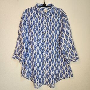 Chico's 100% Linen Blue & White Button-up Ikat Print Top, Size 3 (XL)